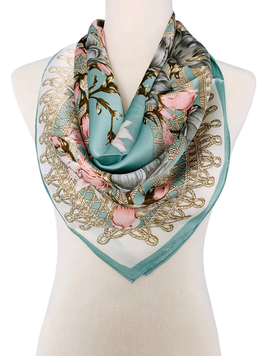 Luxurious Silky Square Scarf--Aqua & Pink Floral