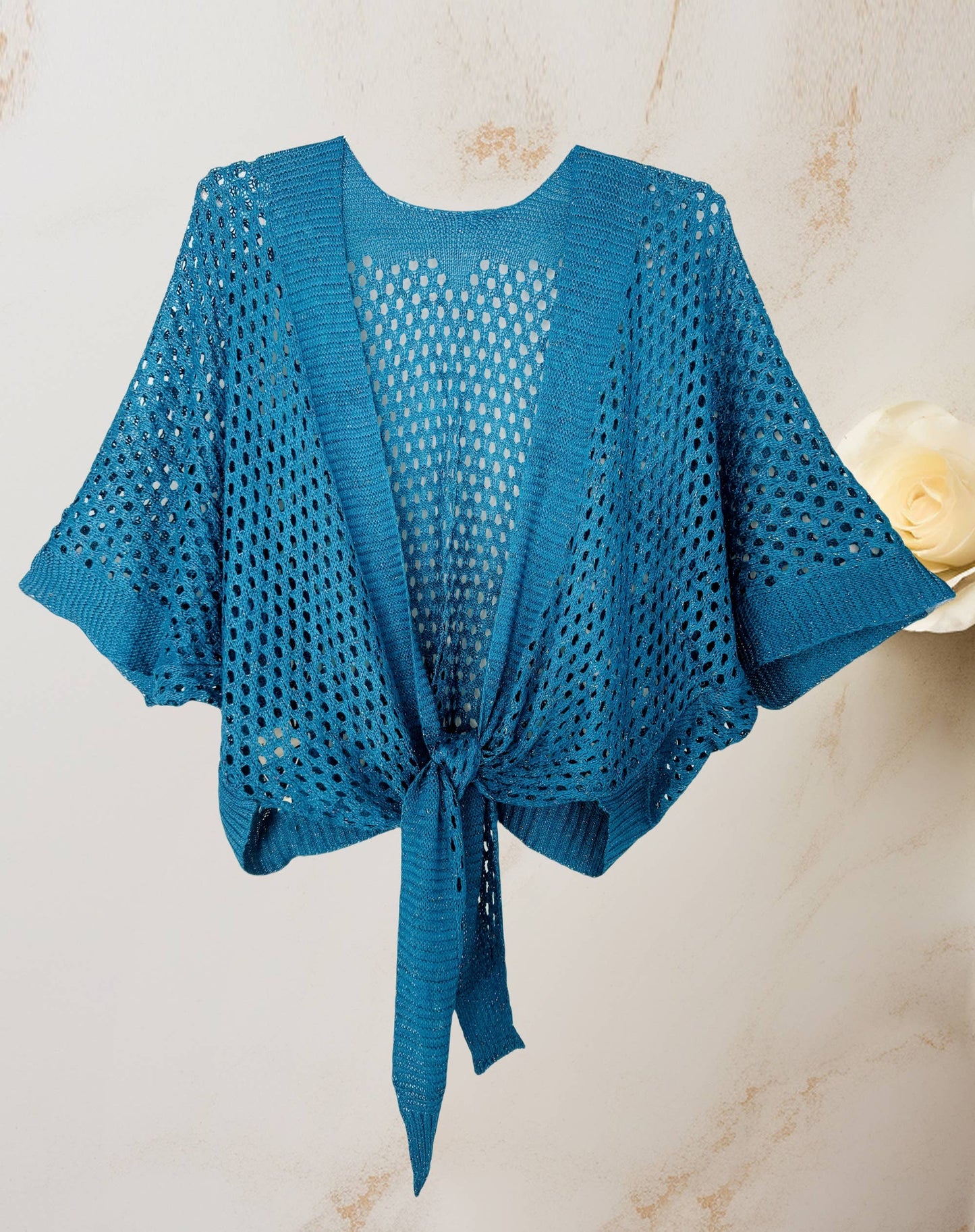 Eyelet Open-Knit Metallic Cardigan with Front Tie