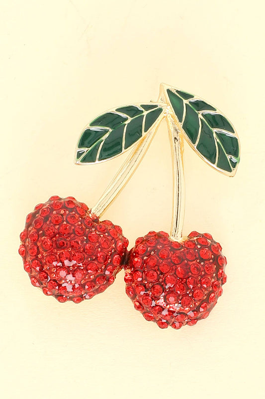 Red Rhinestone Pave Cherry Brooch Pin