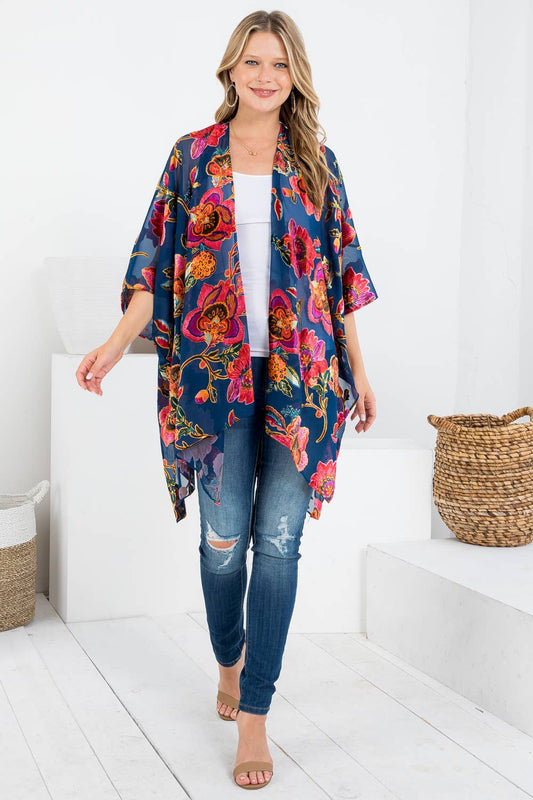 Vintage Floral Print Velvet Kimono