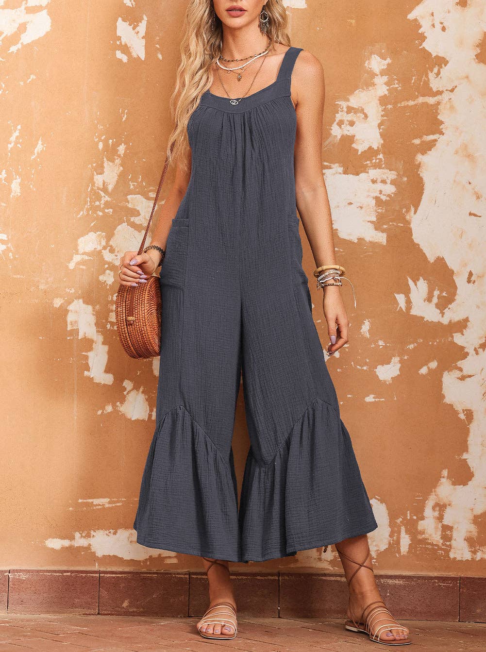 Wide Leg Ruffle Jumpsuit: Black