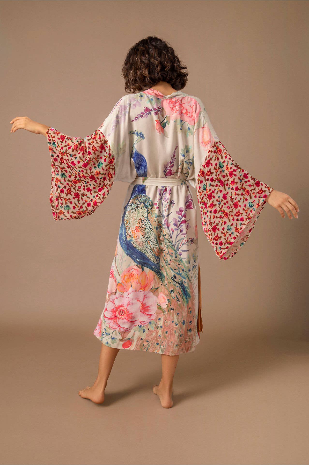 Retro Oriental Peacock Kimono Beach CoverUp Lounge Robe: M