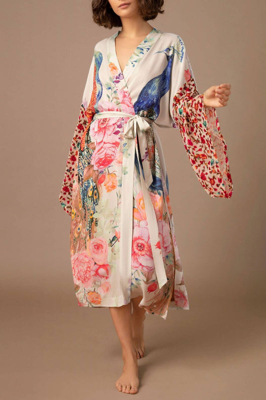 Retro Oriental Peacock Kimono Beach CoverUp Lounge Robe: M