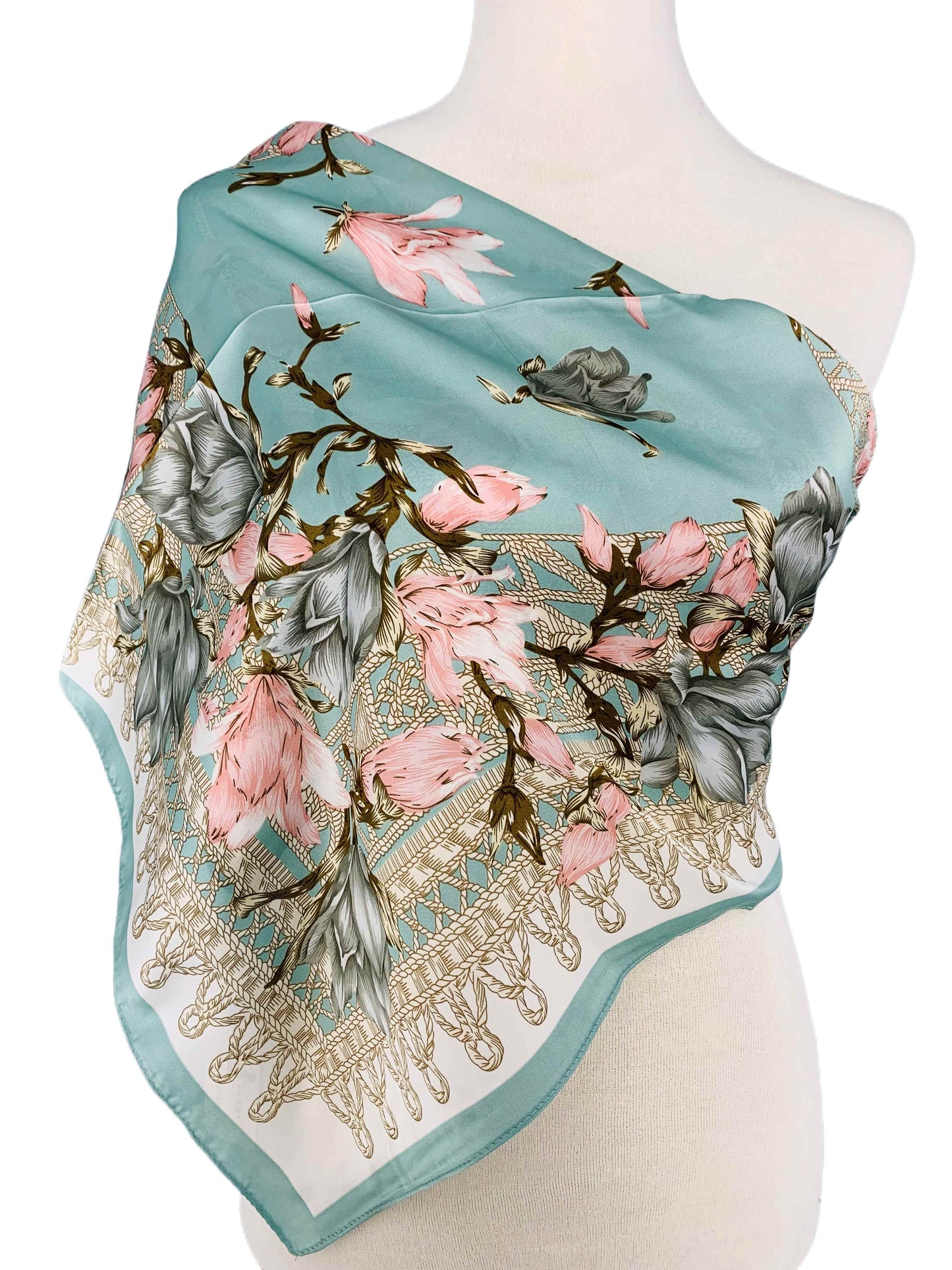 Luxurious Silky Square Scarf--Aqua & Pink Floral