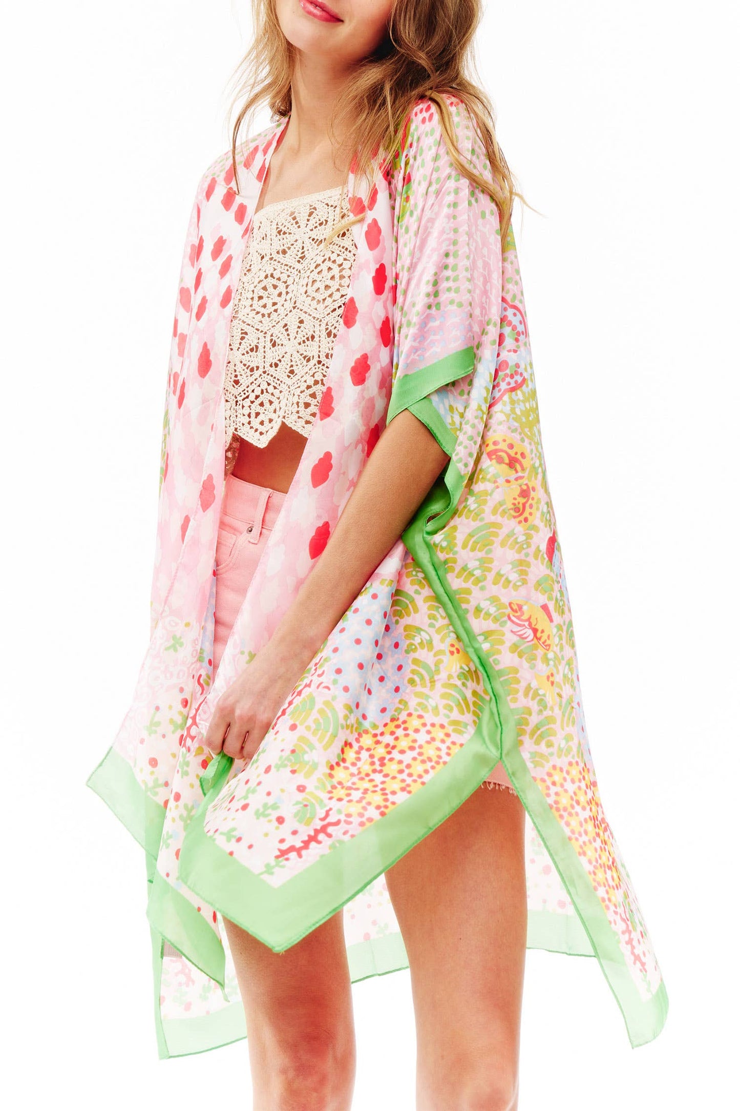 Abstract Multi Print Translucent Cover-Up Kimono: Green Pink