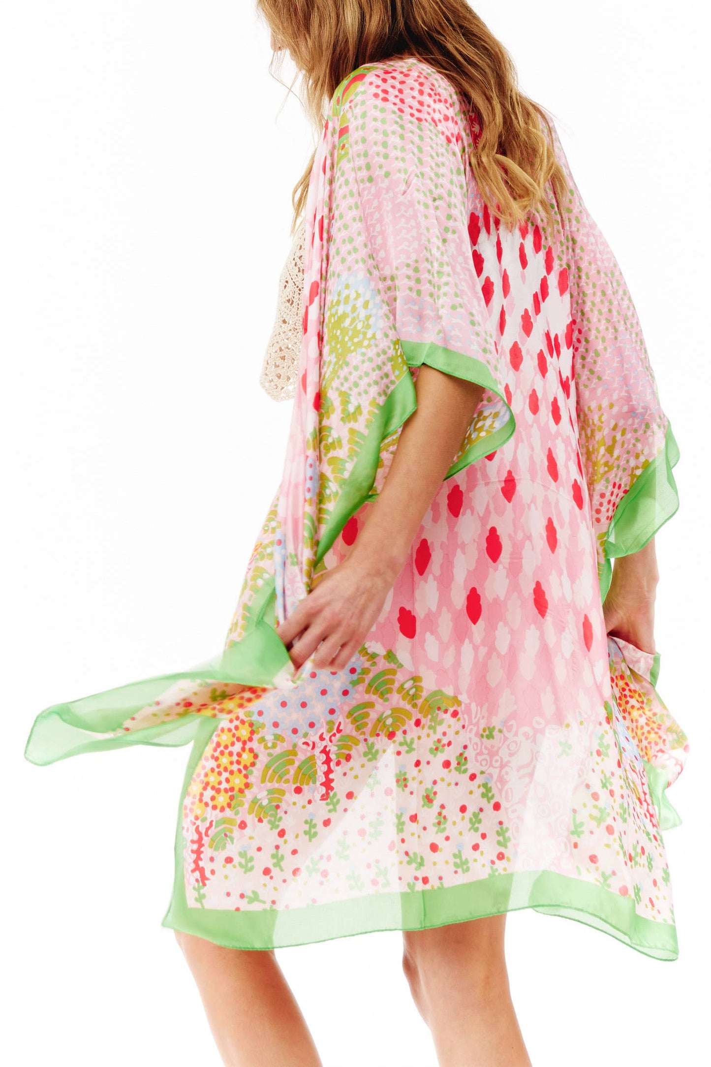 Abstract Multi Print Translucent Cover-Up Kimono: Green Pink