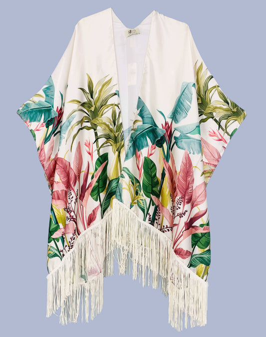 Green-Pink Tropical Tassel Kimono