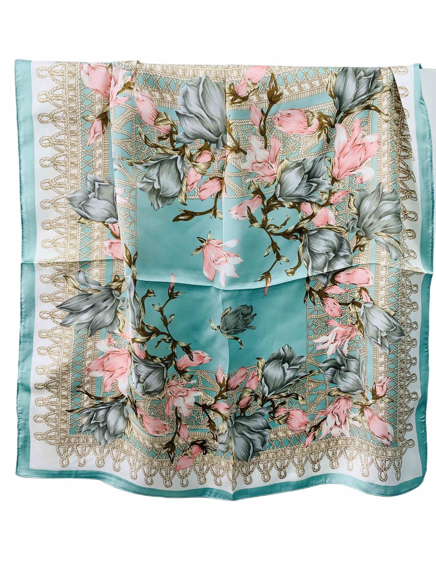 Luxurious Silky Square Scarf--Aqua & Pink Floral