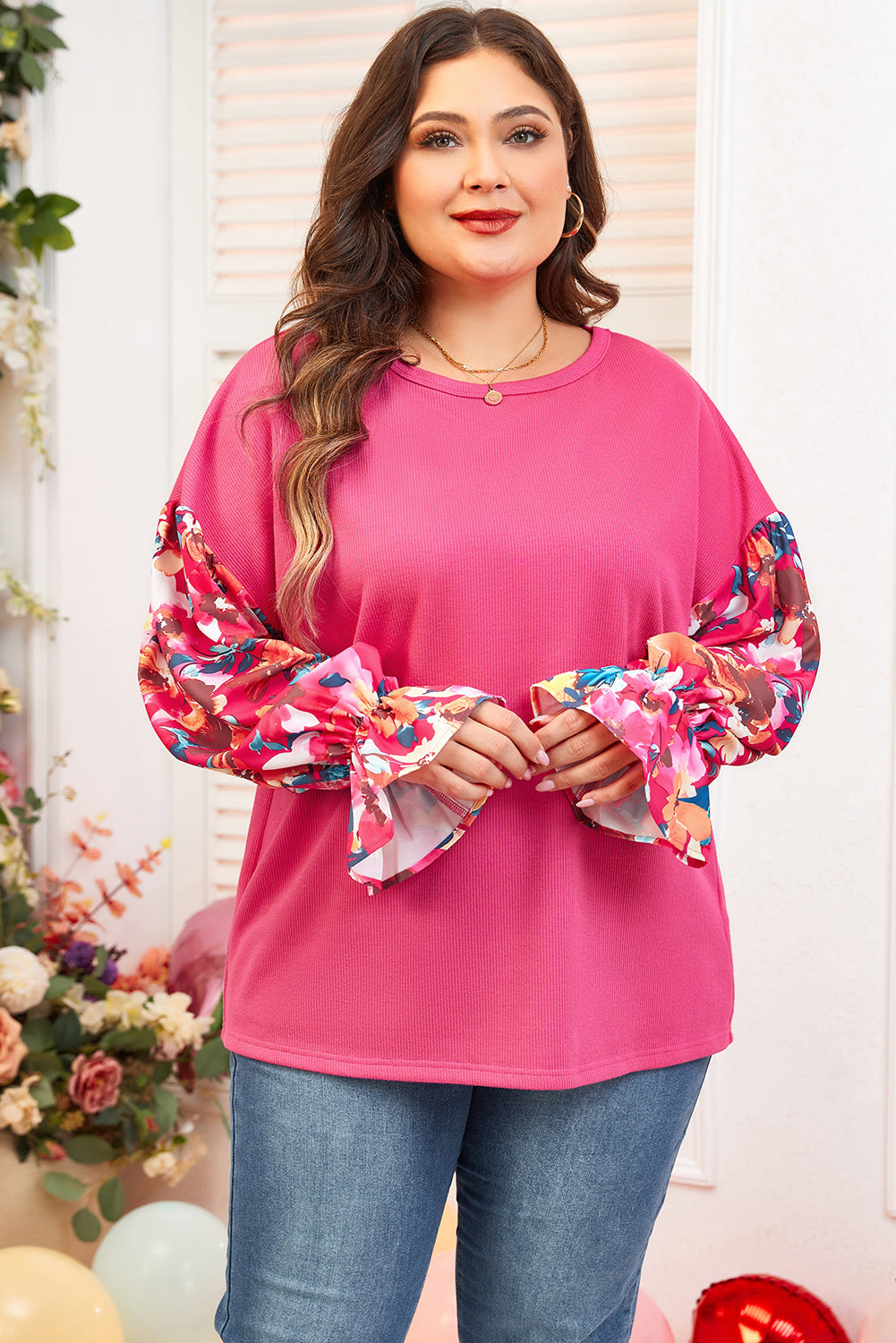 Bright Pink Floral Patchwork Flounce Sleeve Rib Knit Plus Top