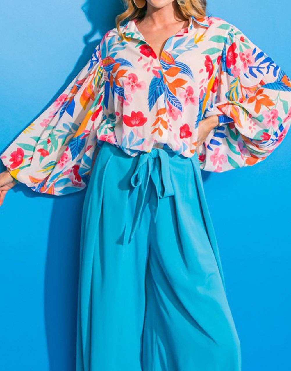 Vibrant Floral Printed Billowy Sleeve Shirt