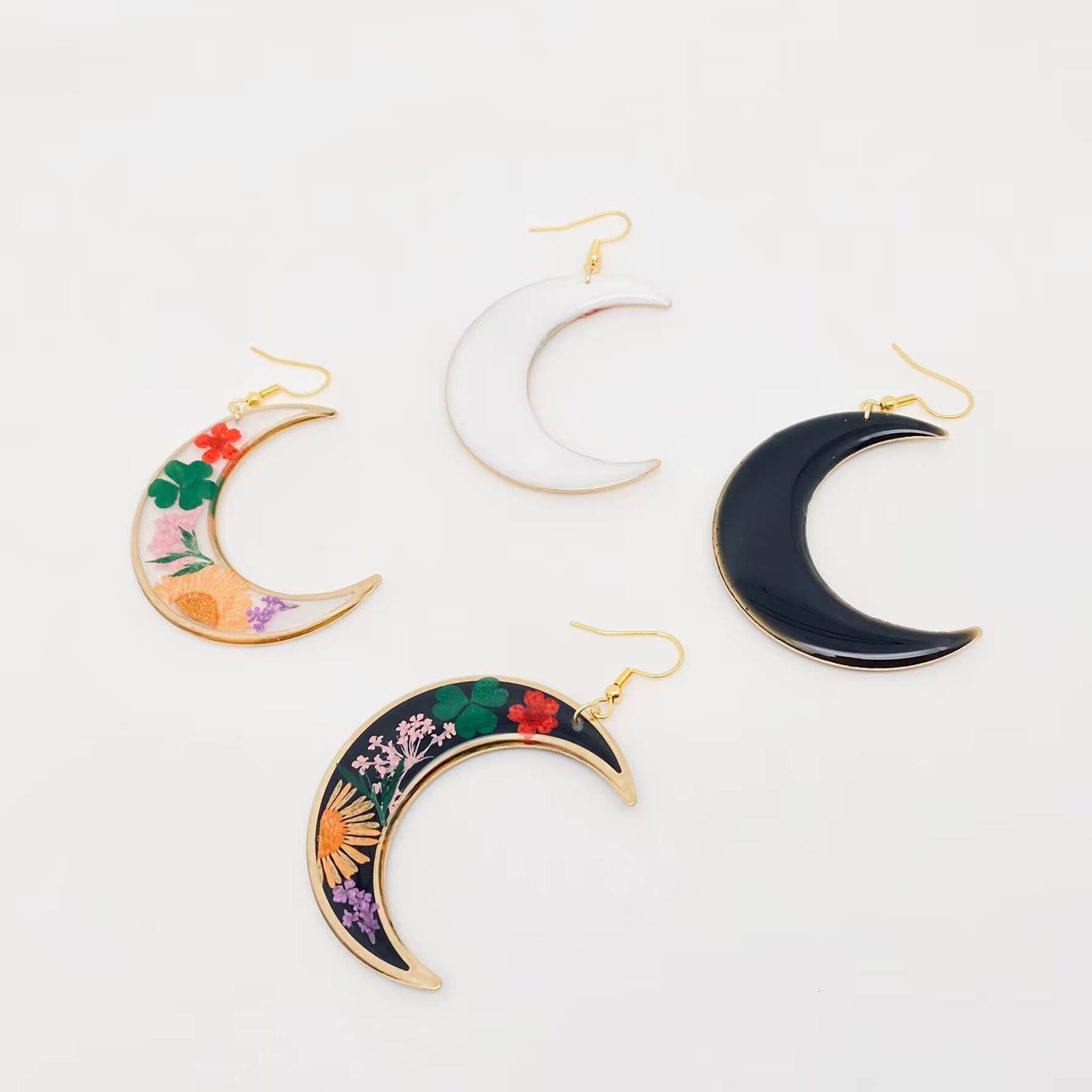 Dried Flowers Floral Large Black Crescent Earrings -PDF/MS: Black