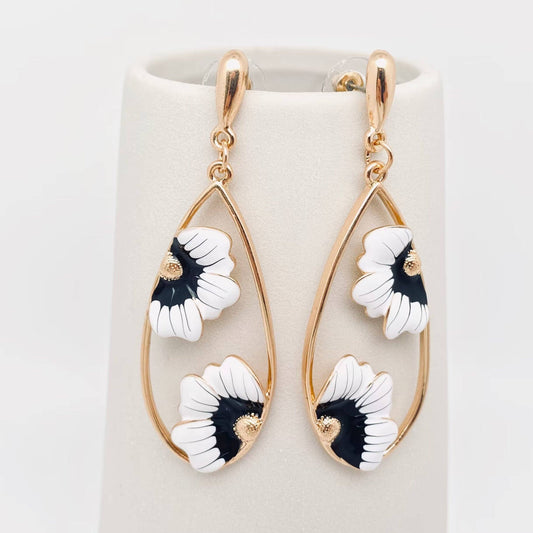 Enamel Flower Drop-shaped Metal Post Earrings