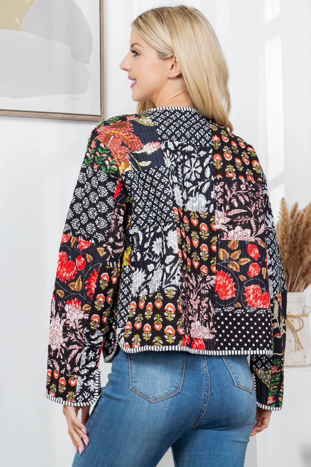 Floral Print Quilted Patch Cotton Jacket Black