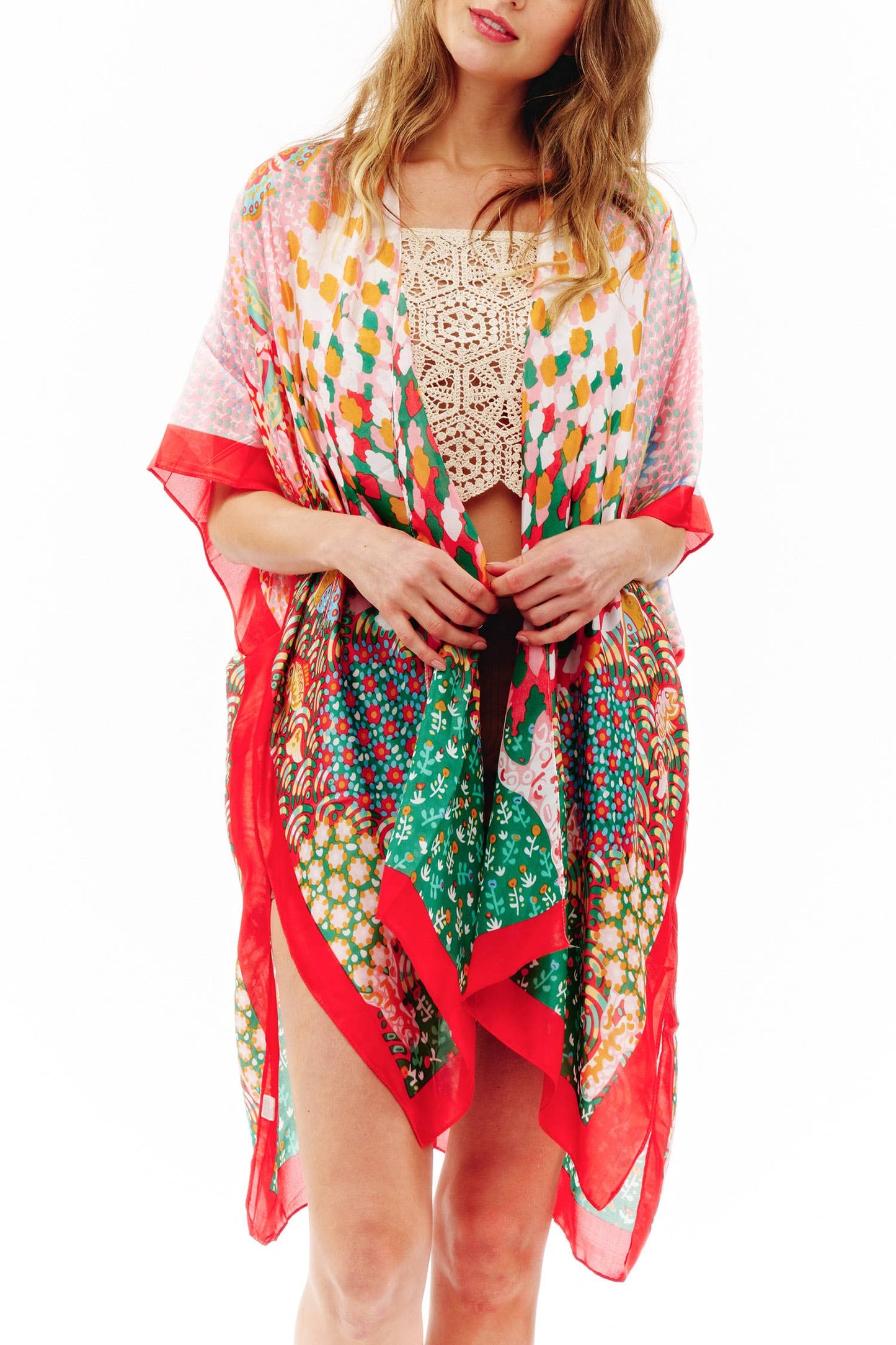 Abstract Multi Print Translucent Cover-Up Kimono: Green Pink