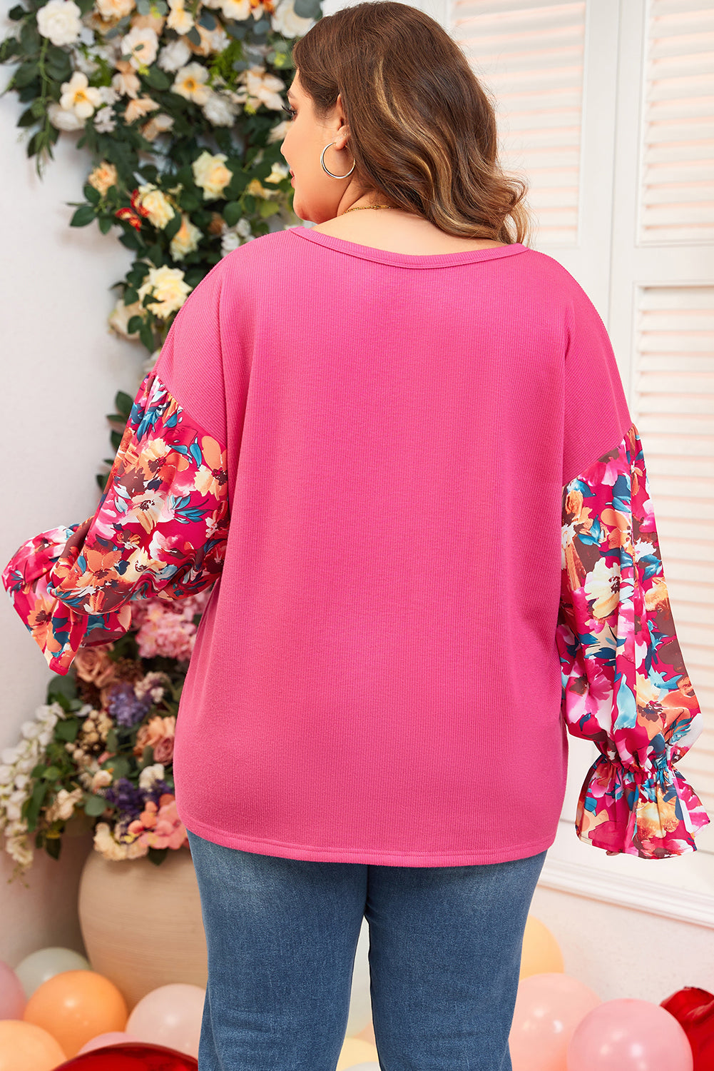 Bright Pink Floral Patchwork Flounce Sleeve Rib Knit Plus Top