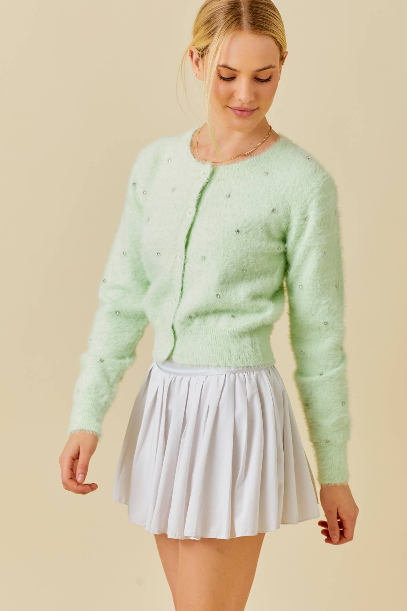 Stone Trim Mohair Cardigan: SAGE