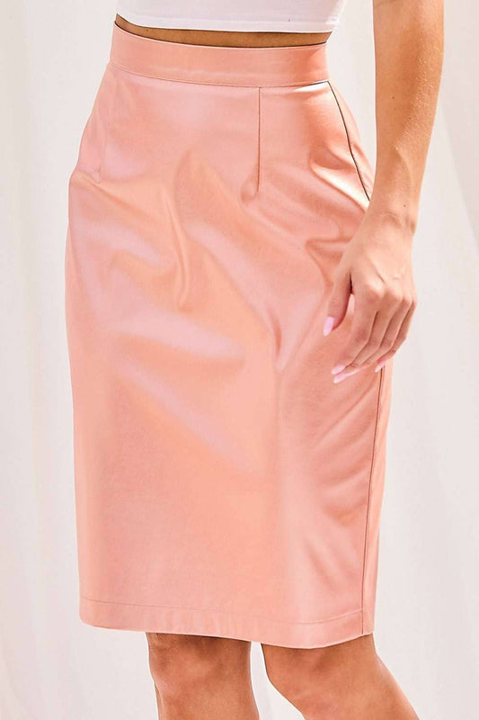 Back Zipper Slit Leather Midi Skirt: ROSE GOLD