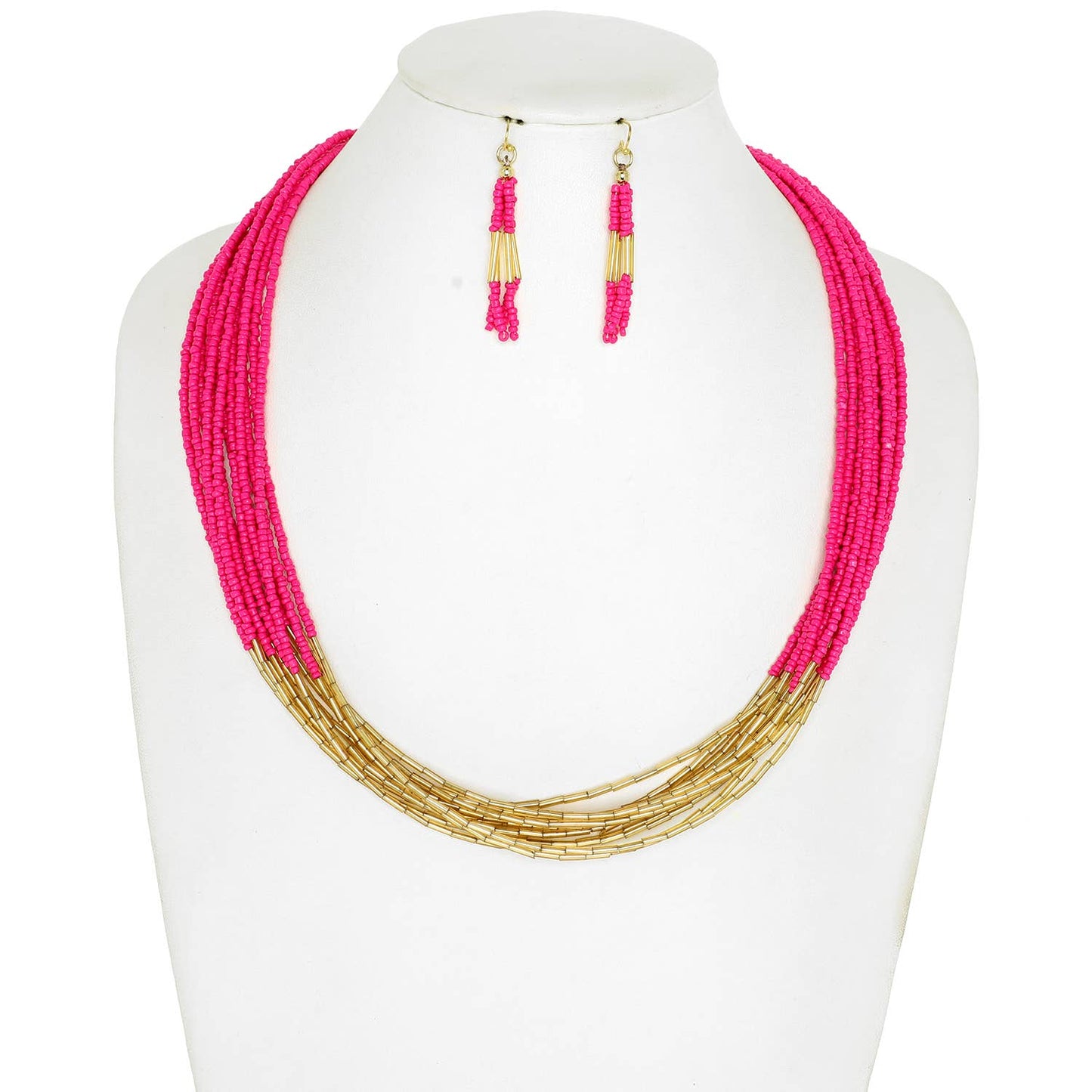 Western Colorful Multi-Strand Bead Necklace Set : Hot Pink