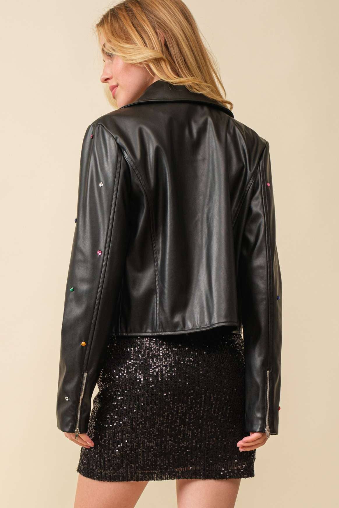 Color Stone Trim Leather Biker Jacket: BLACK