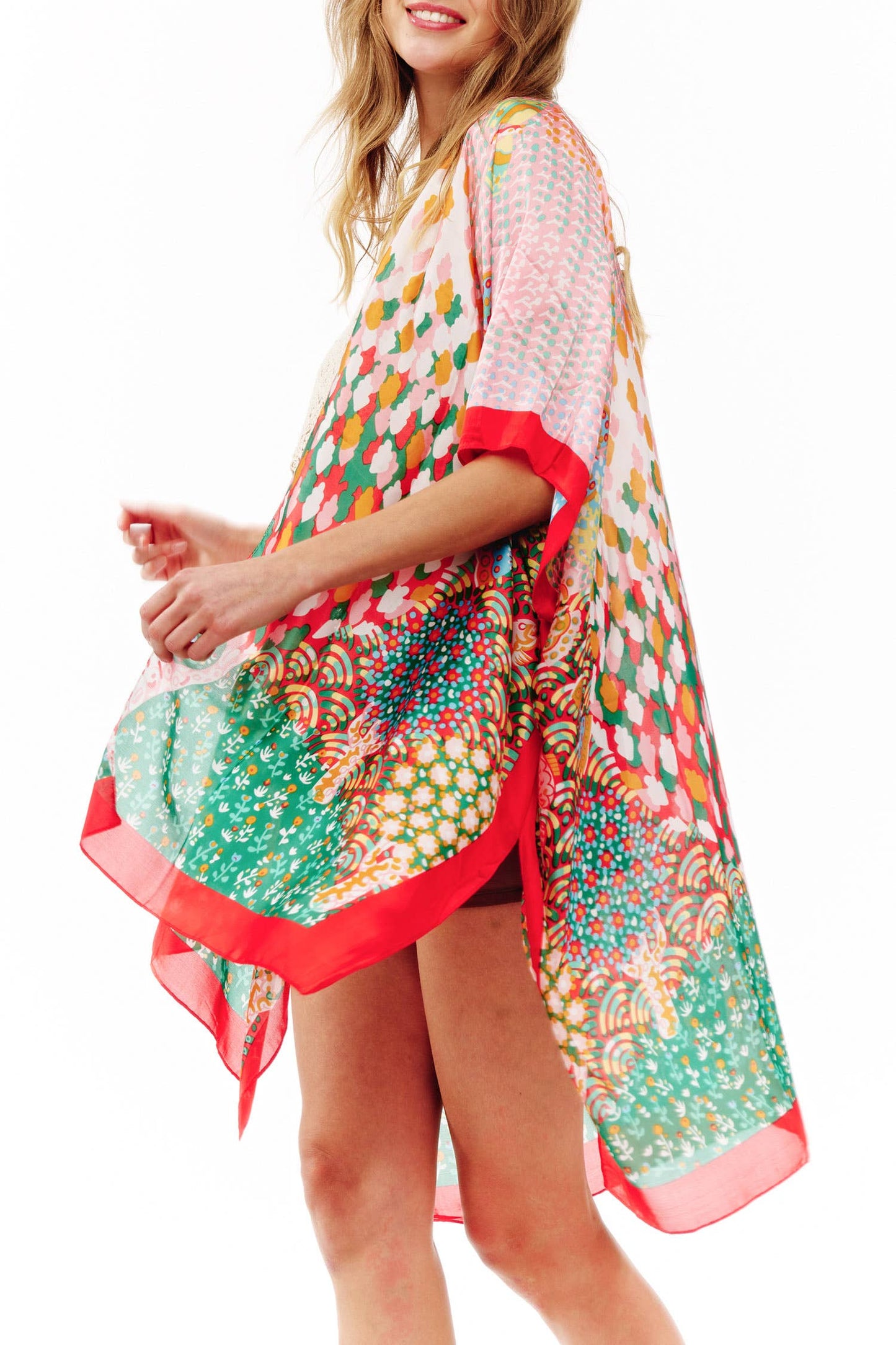 Abstract Multi Print Translucent Cover-Up Kimono: Green Pink