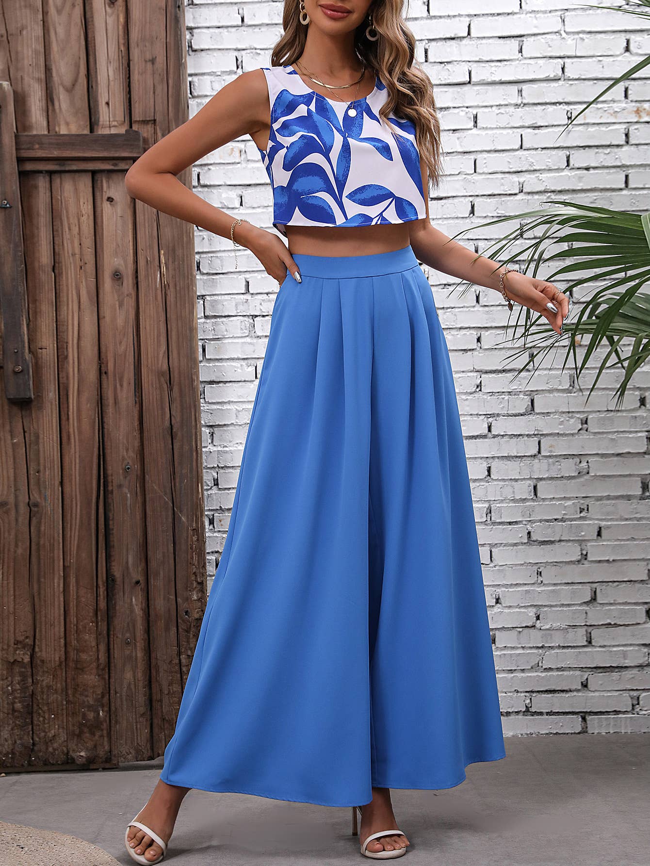 Printed Top Wide-Leg Pants Two-Piece Set