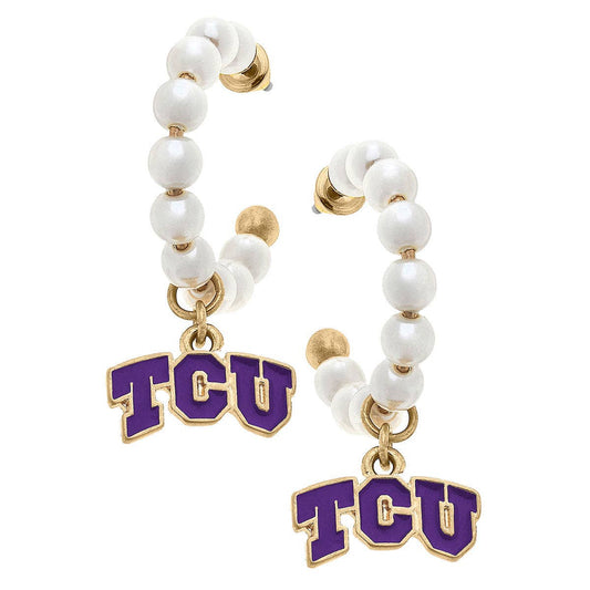 TCU Horned Frogs Pearl Hoop Enamel Drop Earrings in Purple