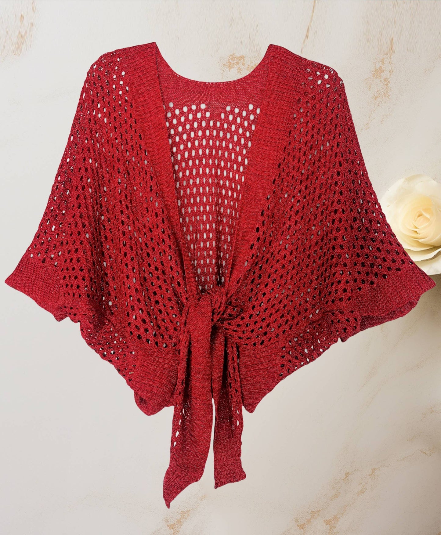 Eyelet Open-Knit Metallic Cardigan with Front Tie