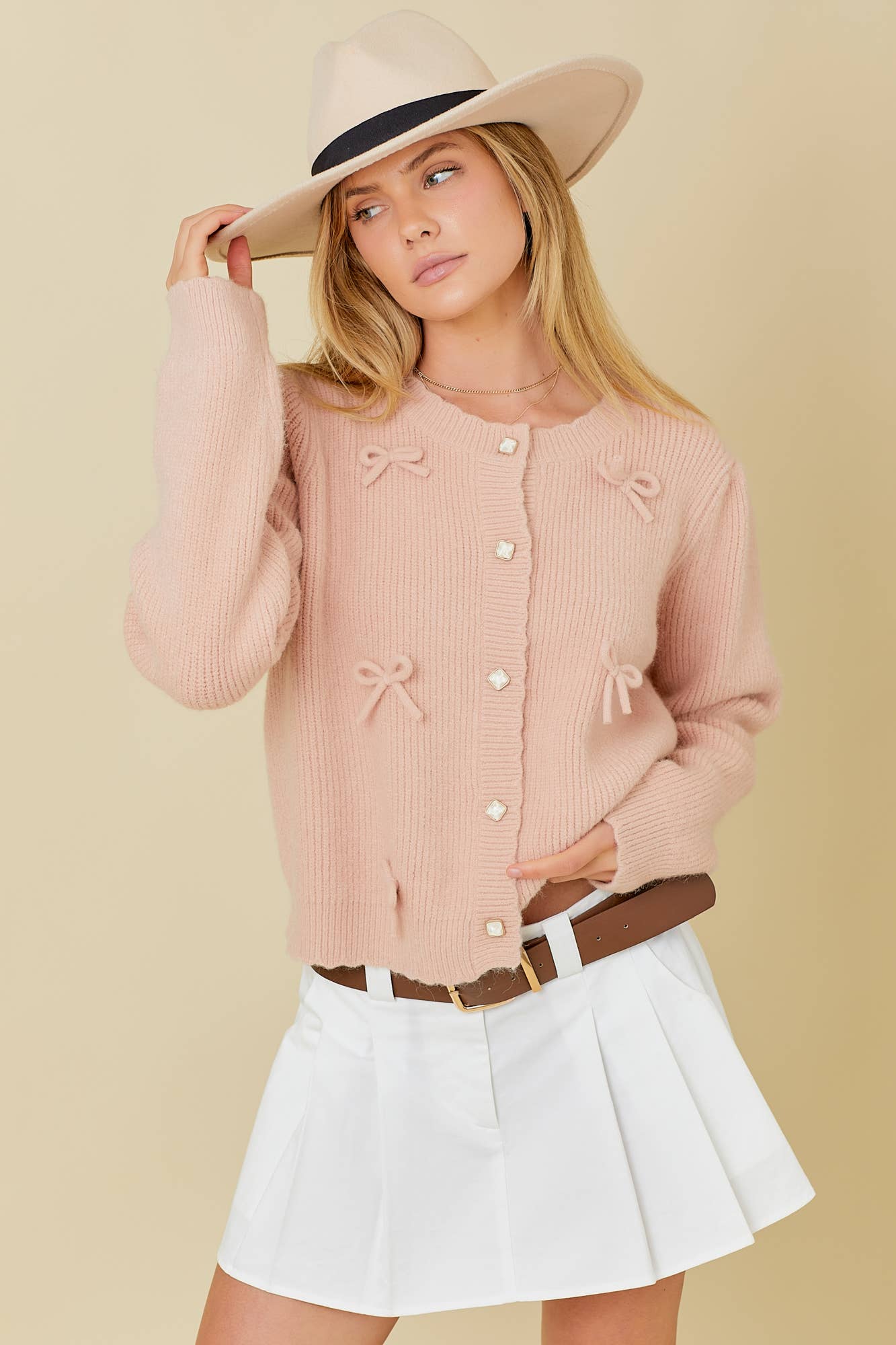 Bow Trim Casual Cardigan: DUSTY PEACH