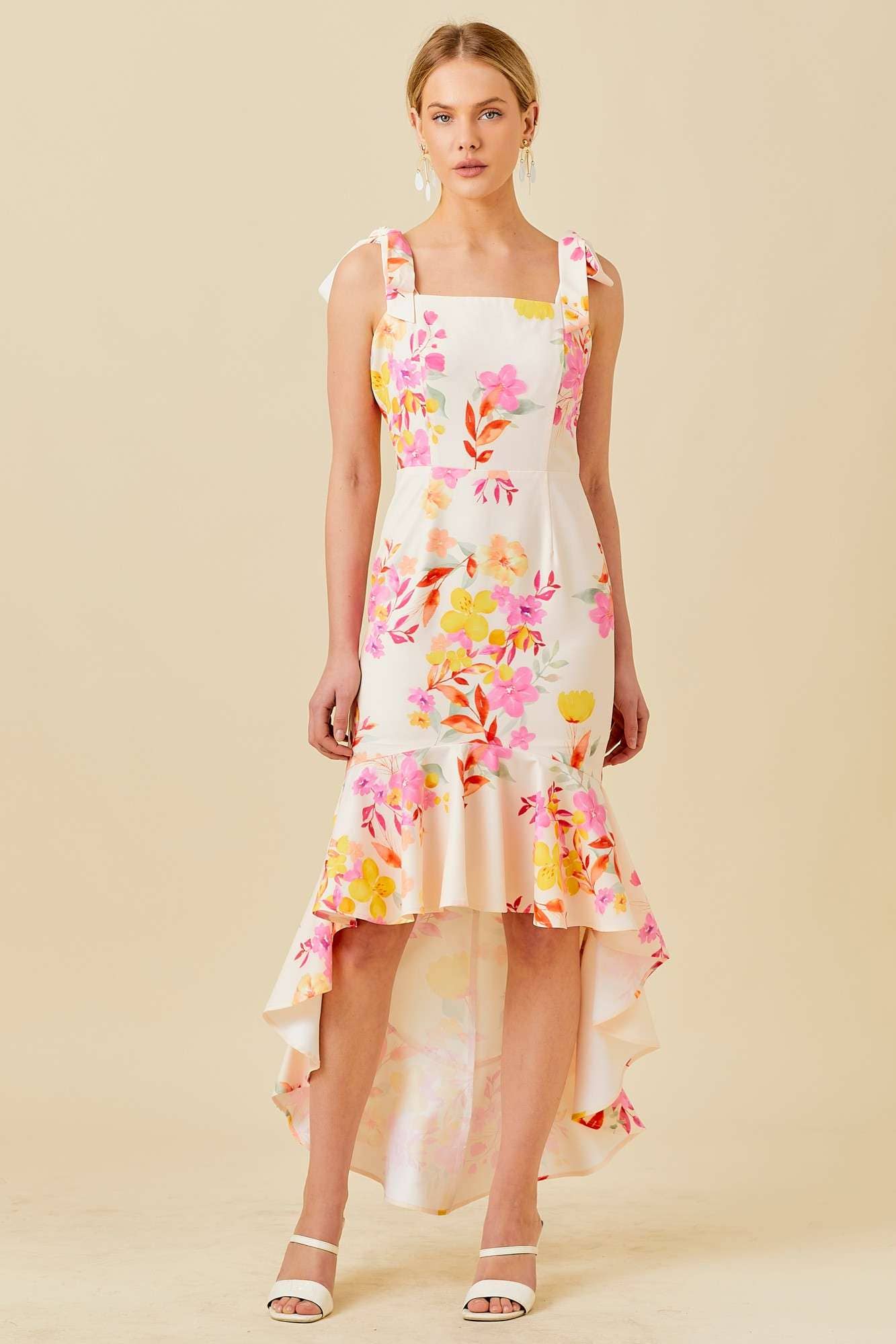 Floral Printed High-Low Ruffled Dress: Floral multi