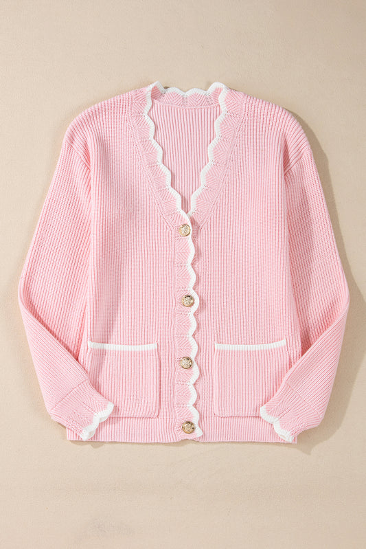 Pink Ribbed Knit Scalloped Edge Side Pockets Buttoned Cardigan