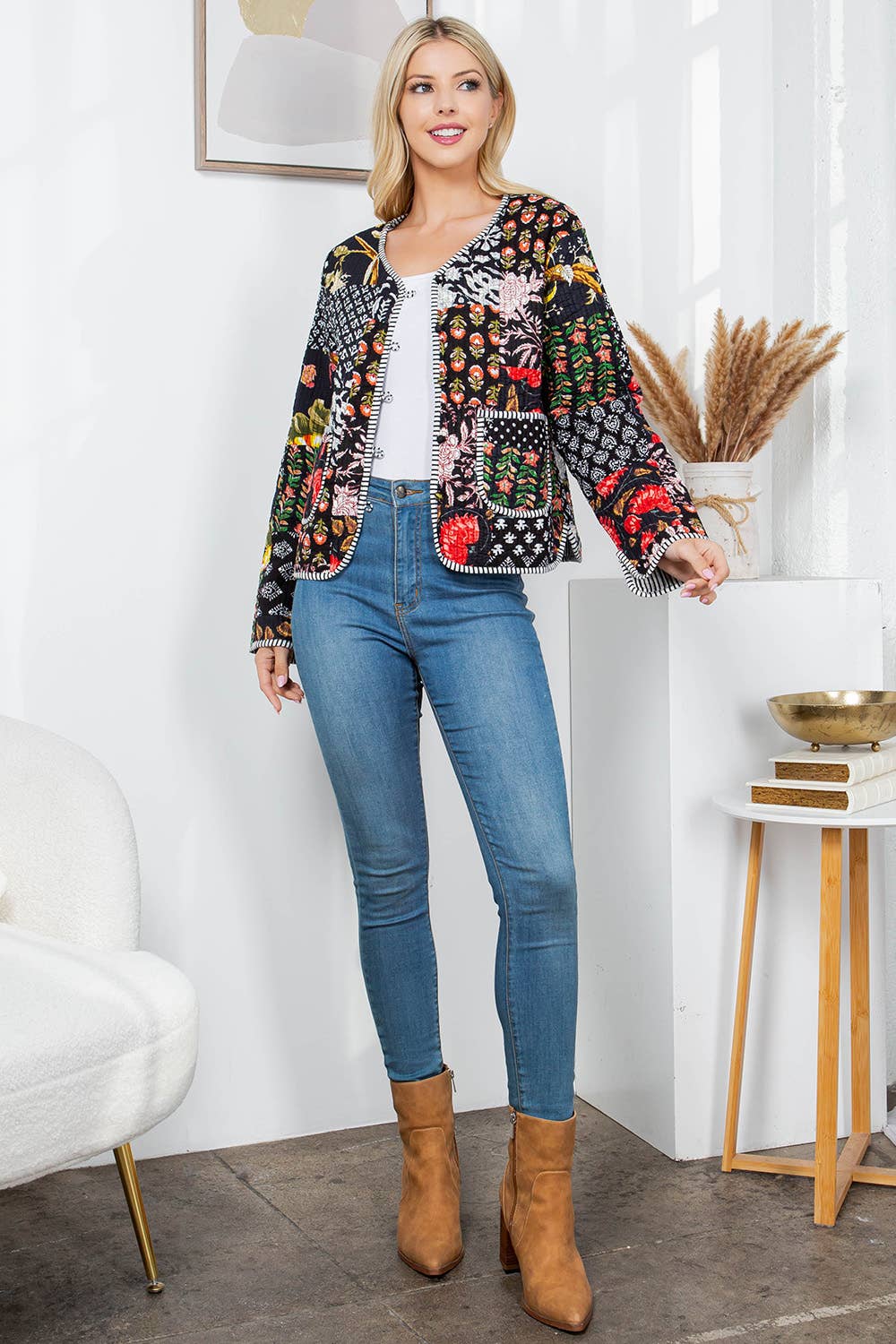 Floral Print Quilted Patch Cotton Jacket Black