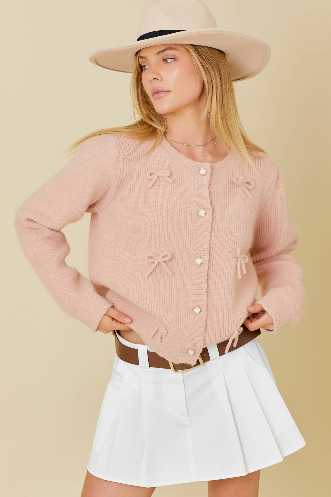 Bow Trim Casual Cardigan: DUSTY PEACH