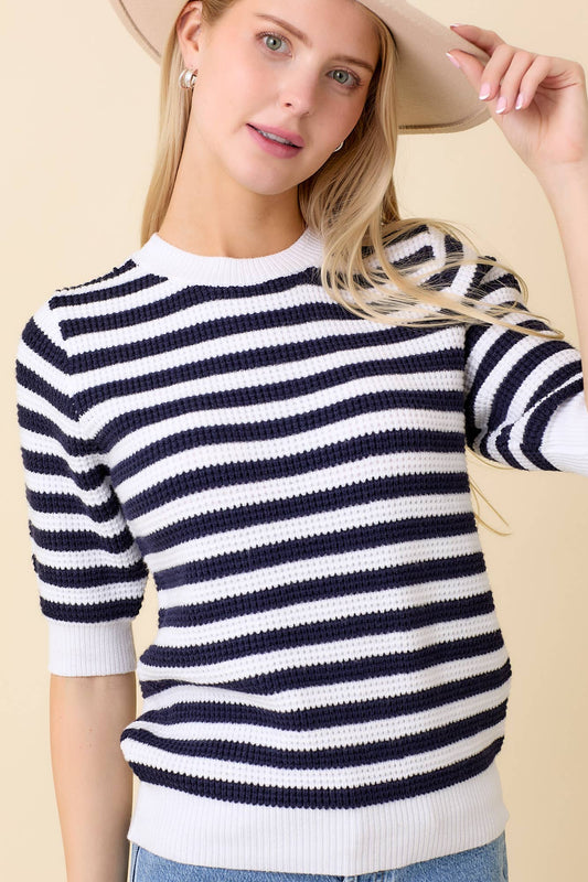 Short Sleeve Sweater Knit Stripe Top: WHITE/NAVY