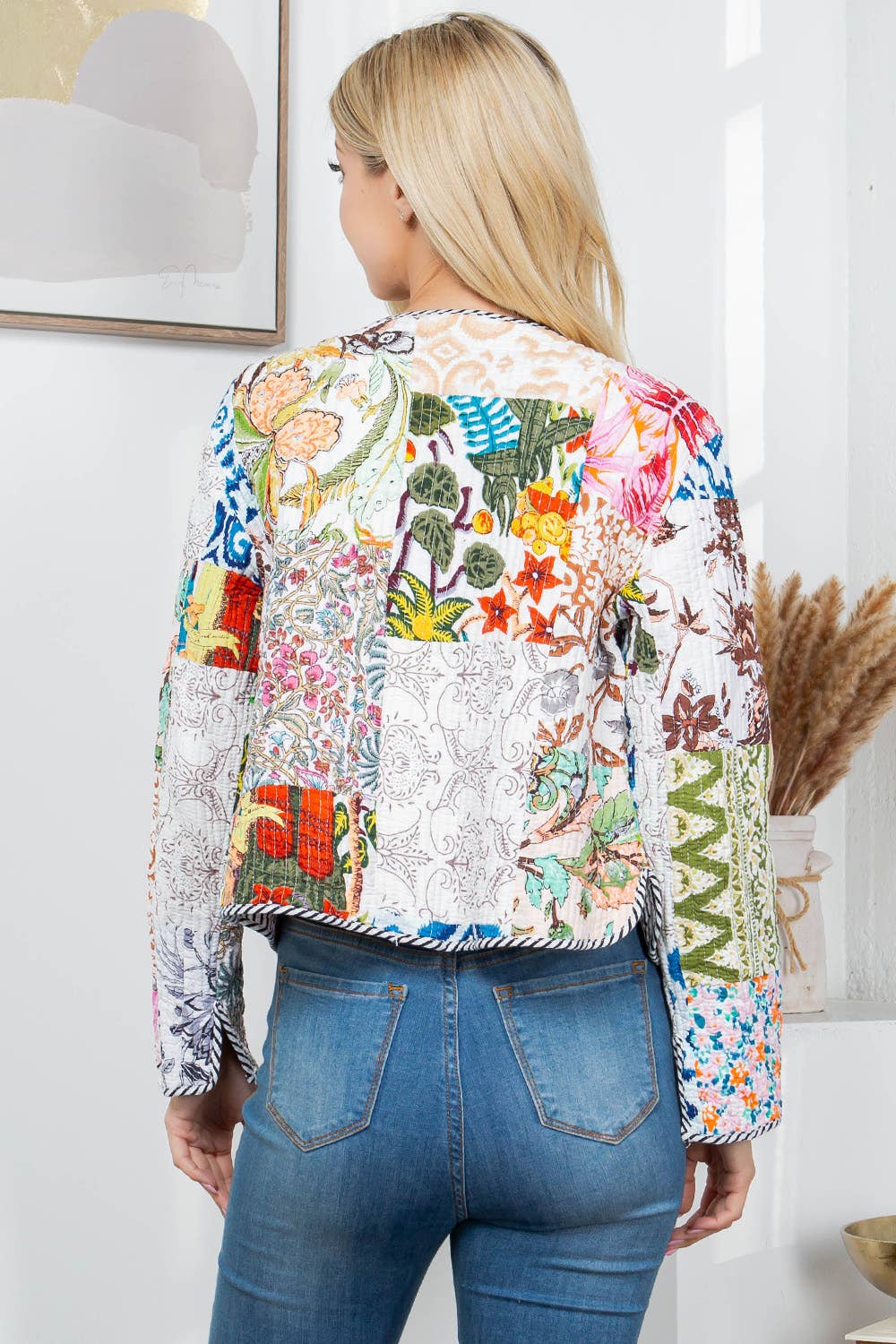 Floral Print Quilted Patch Cotton Jacket White