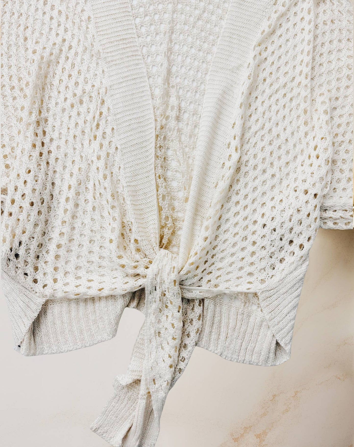 Eyelet Open-Knit Metallic Cardigan with Front Tie