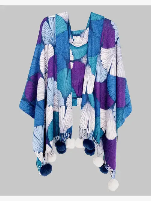 JC023505 Shell-Art Pompom Shawl/Scarf  : Teal-Purple