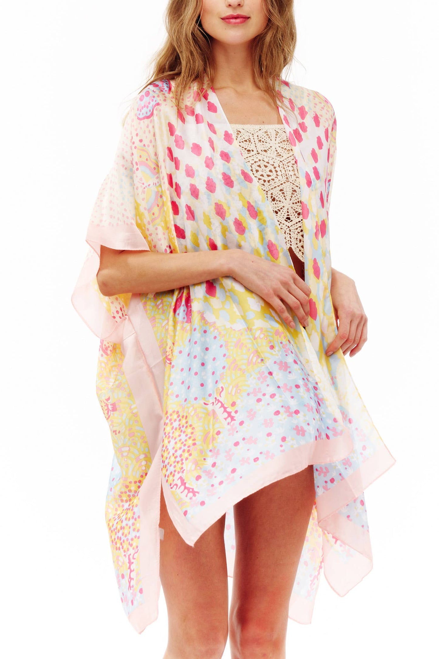 Abstract Multi Print Translucent Cover-Up Kimono: Green Pink