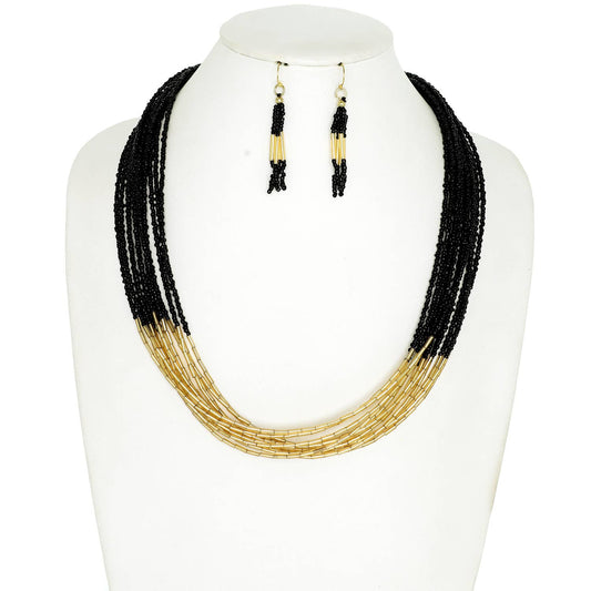 Western Colorful Multi-Strand Bead Necklace Set : Black