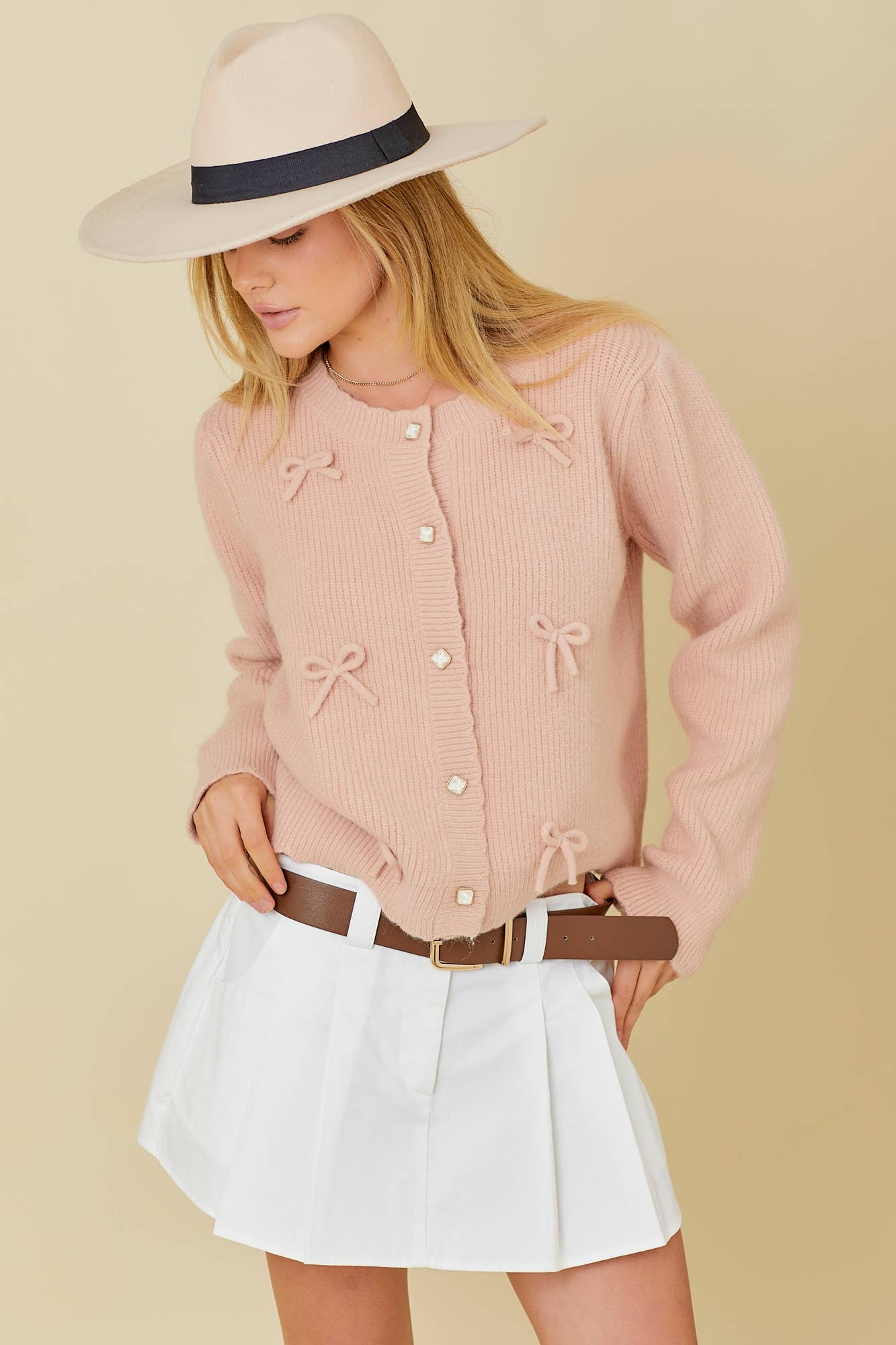 Bow Trim Casual Cardigan: DUSTY PEACH