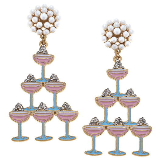 Crystal Enamel & Pavé Champagne Tower Earrings in Pink & Blu