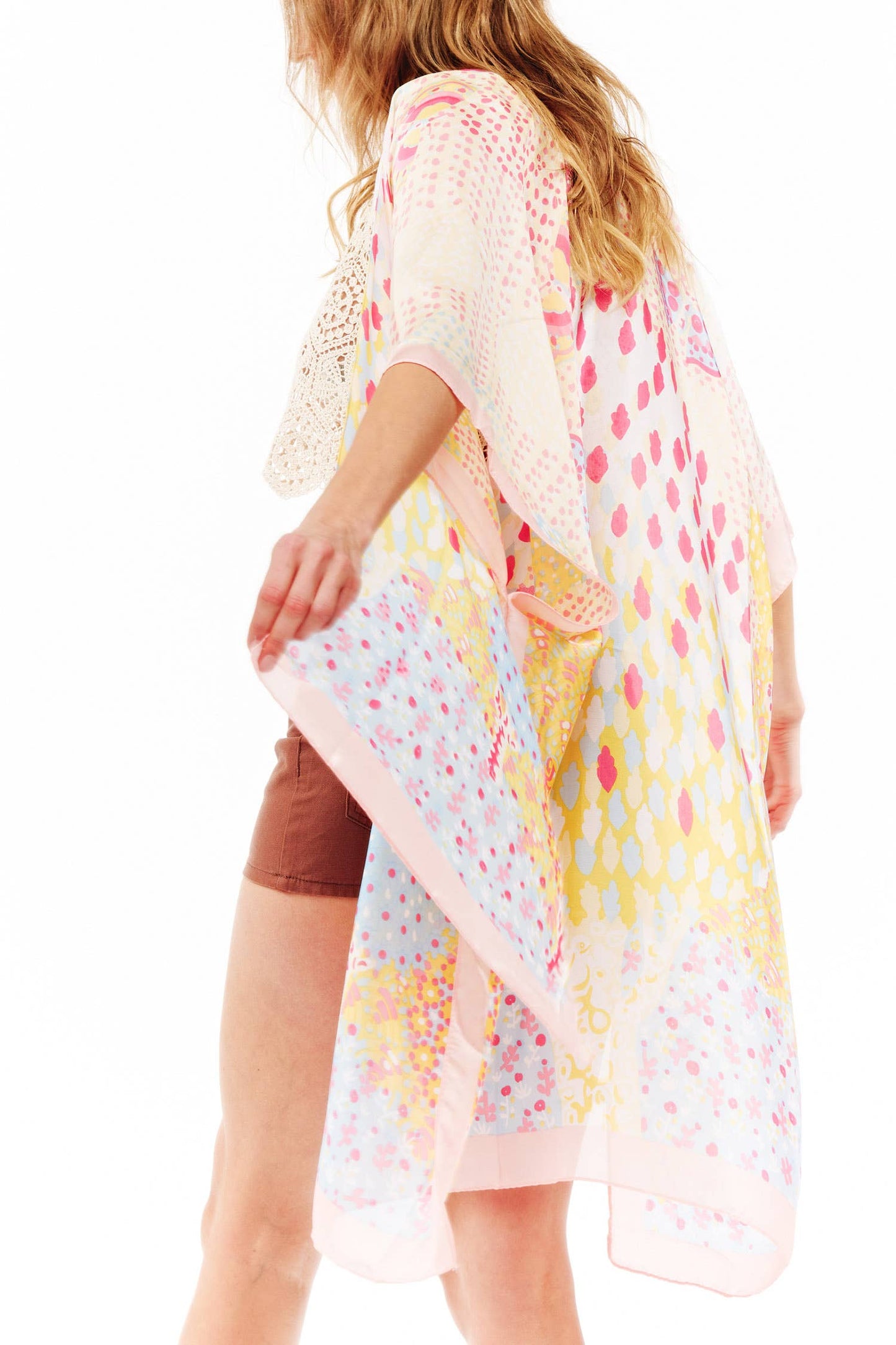 Abstract Multi Print Translucent Cover-Up Kimono: Green Pink