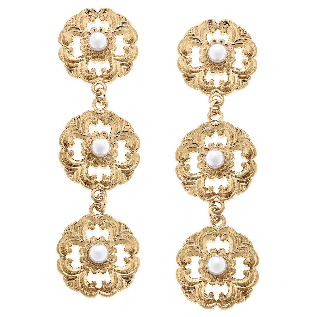 Marquette Acanthus & Pearl Triple Drop Earrings in Worn Gold