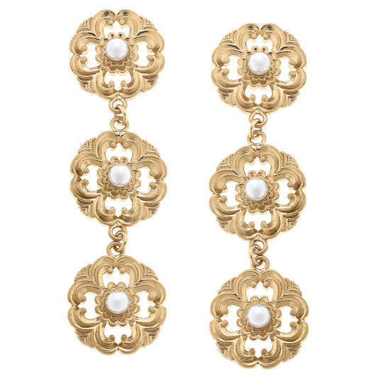 Marquette Acanthus & Pearl Triple Drop Earrings in Worn Gold