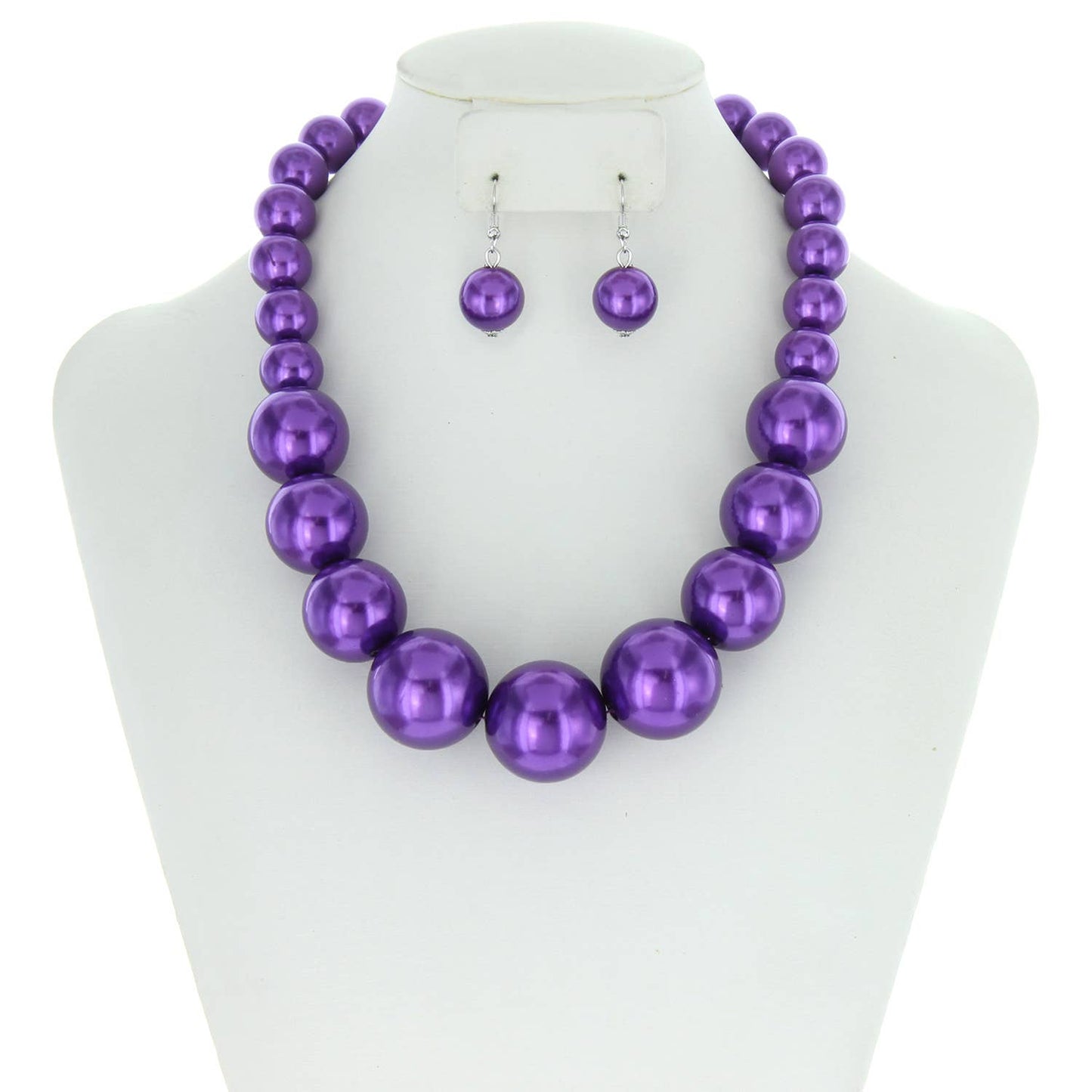 Pearl Large Bead Statement Necklace Earring Set : Purple