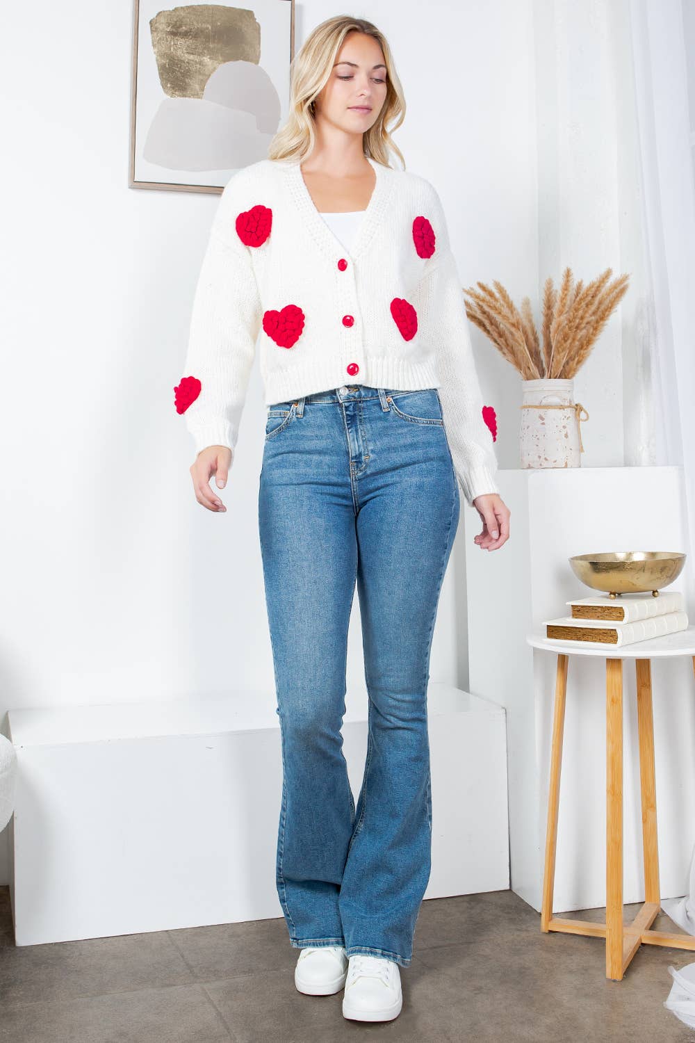 Retro Heart Knit Cardigan - White