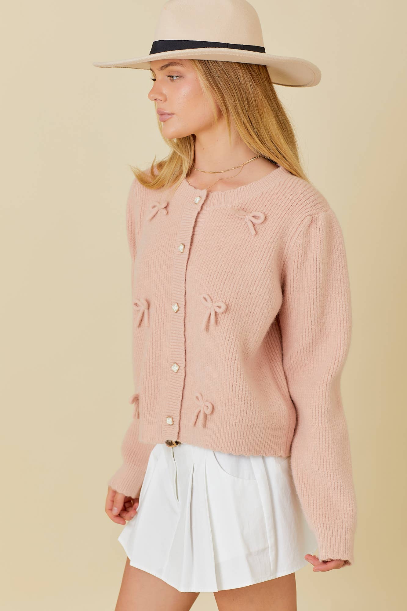 Bow Trim Casual Cardigan: DUSTY PEACH