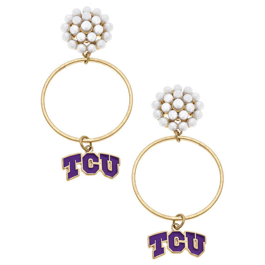 TCU Horned Frogs Pearl Cluster Enamel Hoop Earrings