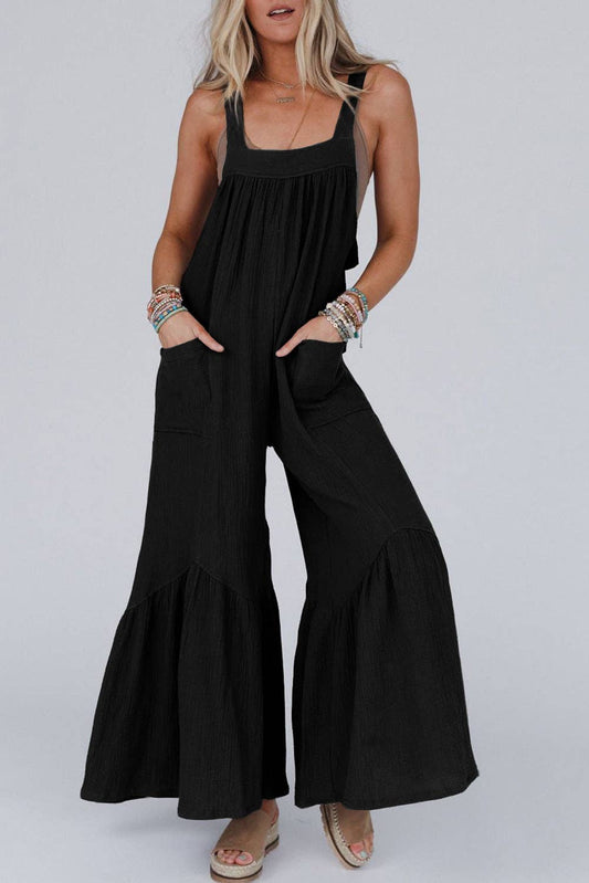 Wide Leg Ruffle Jumpsuit: Black