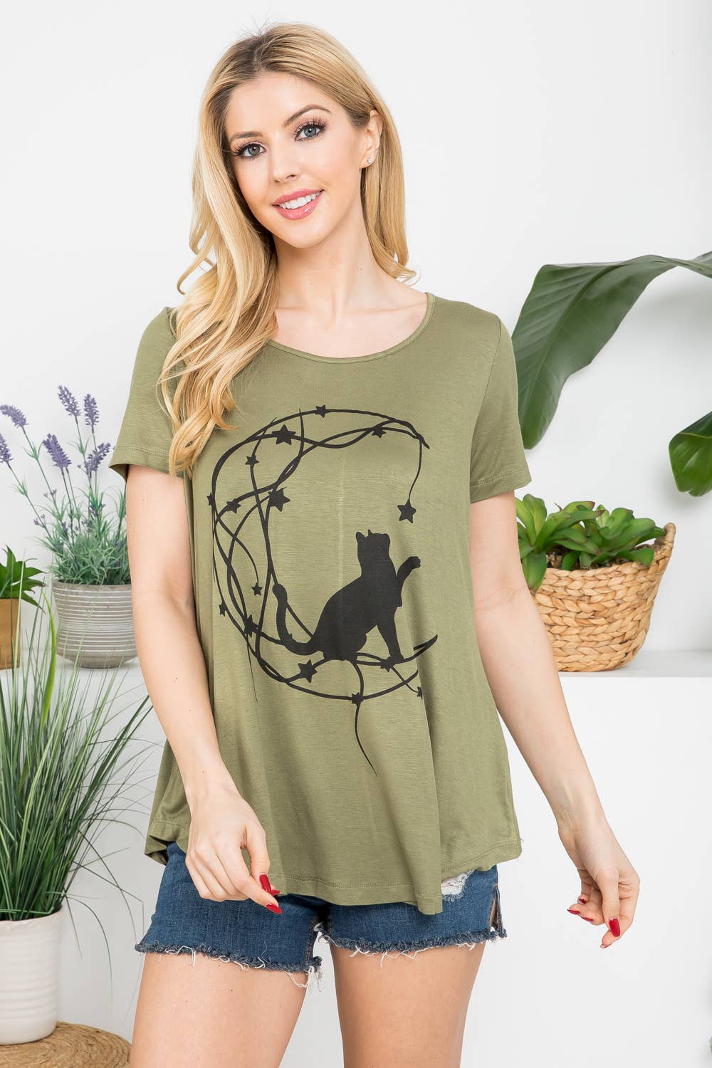 Cat With Moon Print SS Graphic Tee