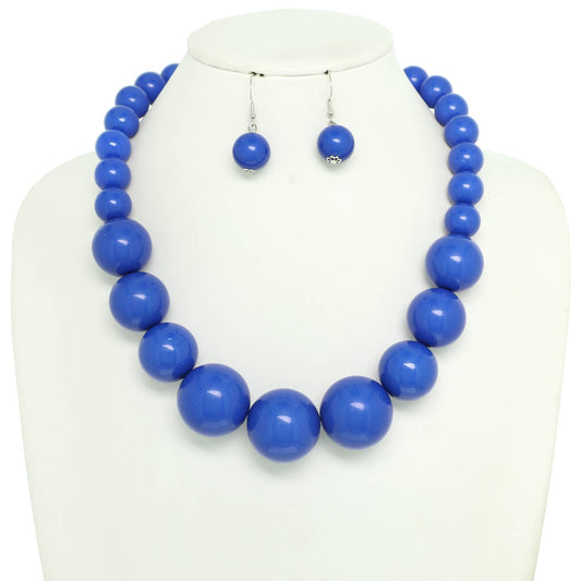 Pearl Large Bead Statement Necklace Earring Set : Blue